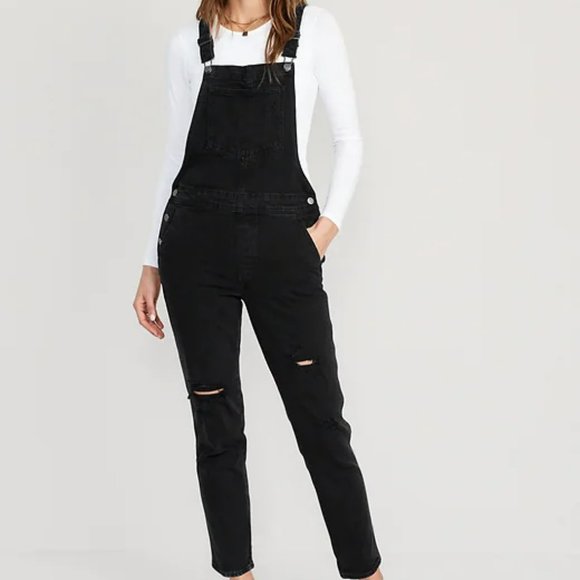 Straight Black-Wash Ripped Jean Overalls - Picture 1 of 6